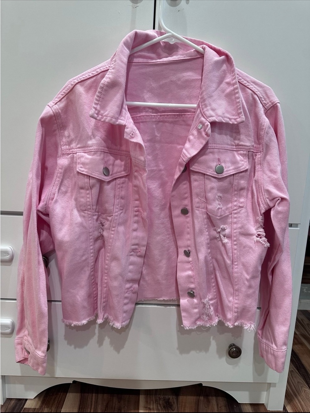 SHEIN Pink Distressed Cropped Denim Jacket